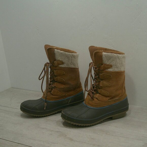 Khombu Cozy Top Sweater Knit Lined Tan Suede Waterproof Winter Snow Boots Size 7 - Picture 5 of 15